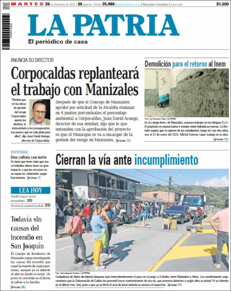 Portada de La Patria (Colombia)