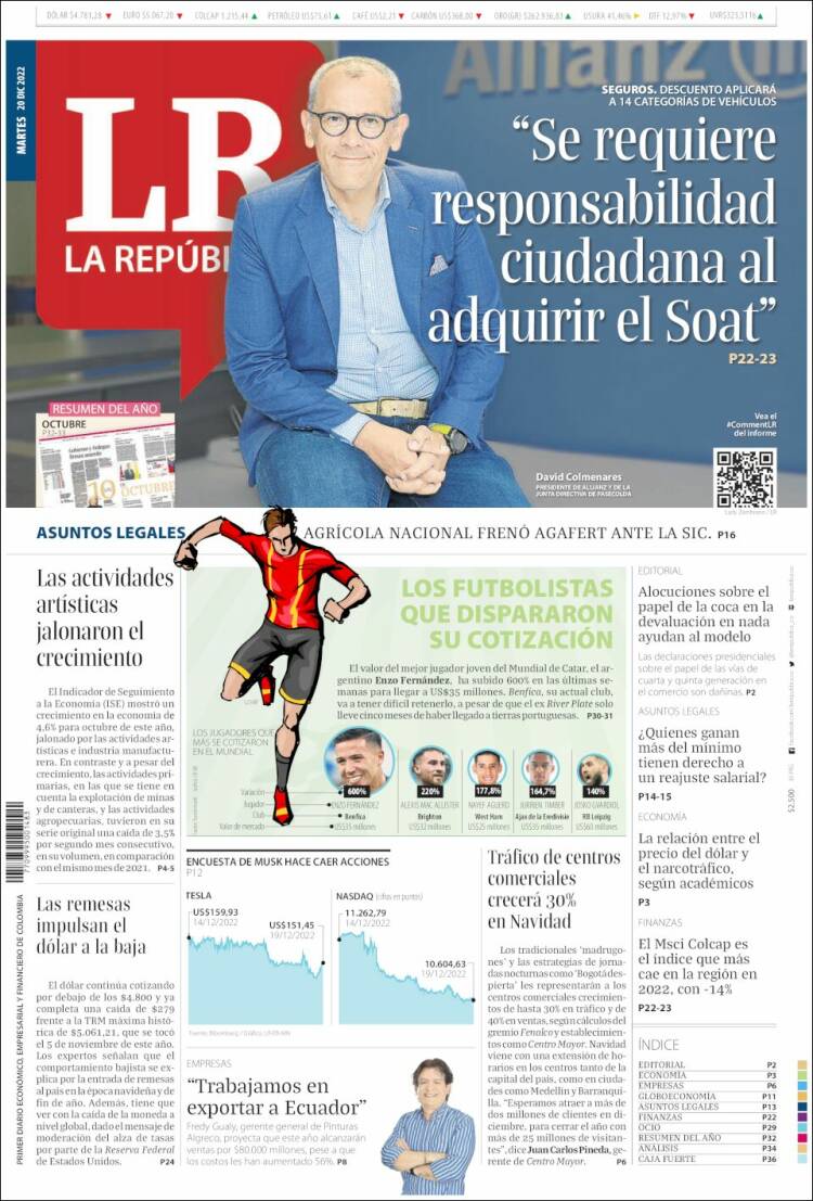 Portada de La Republica (Colombia)