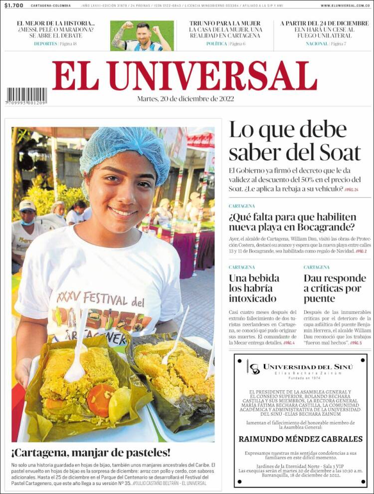 Portada de El Universal (Colombia)