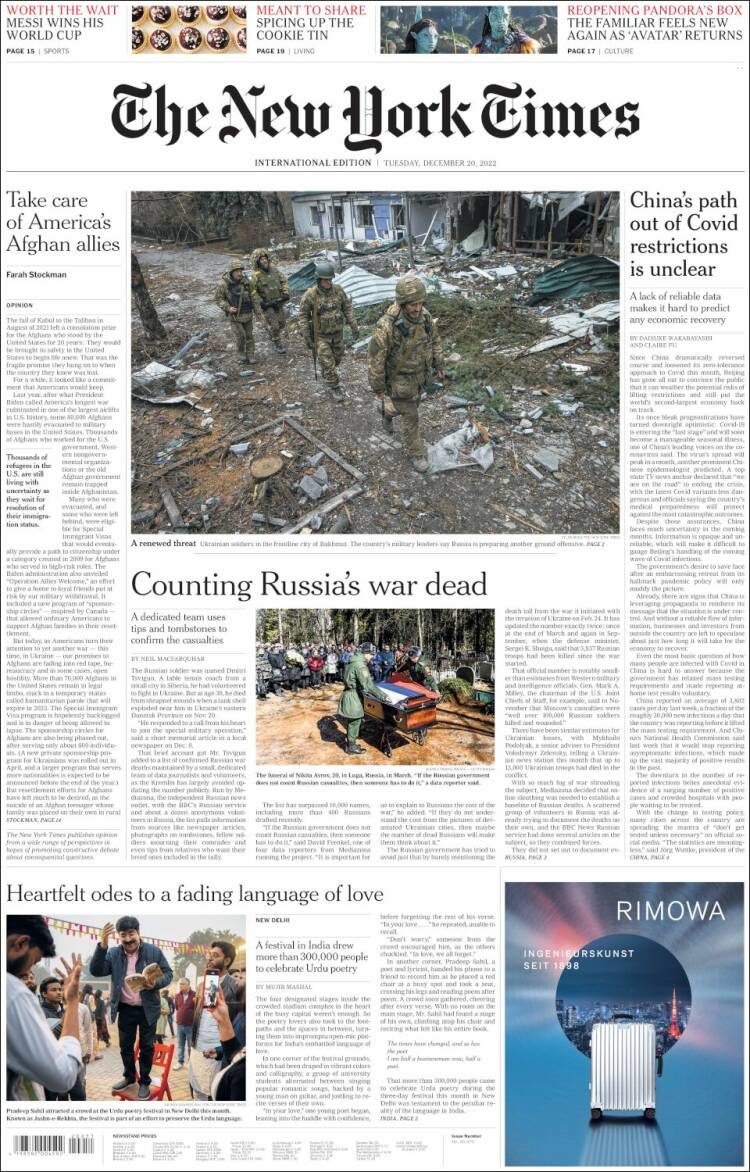 Portada de International New York Times (Europa)