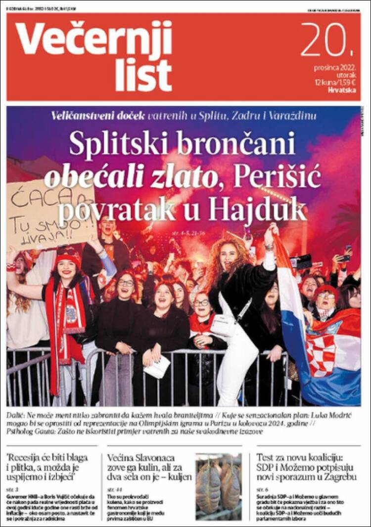 Portada de Večernji (Croacia)