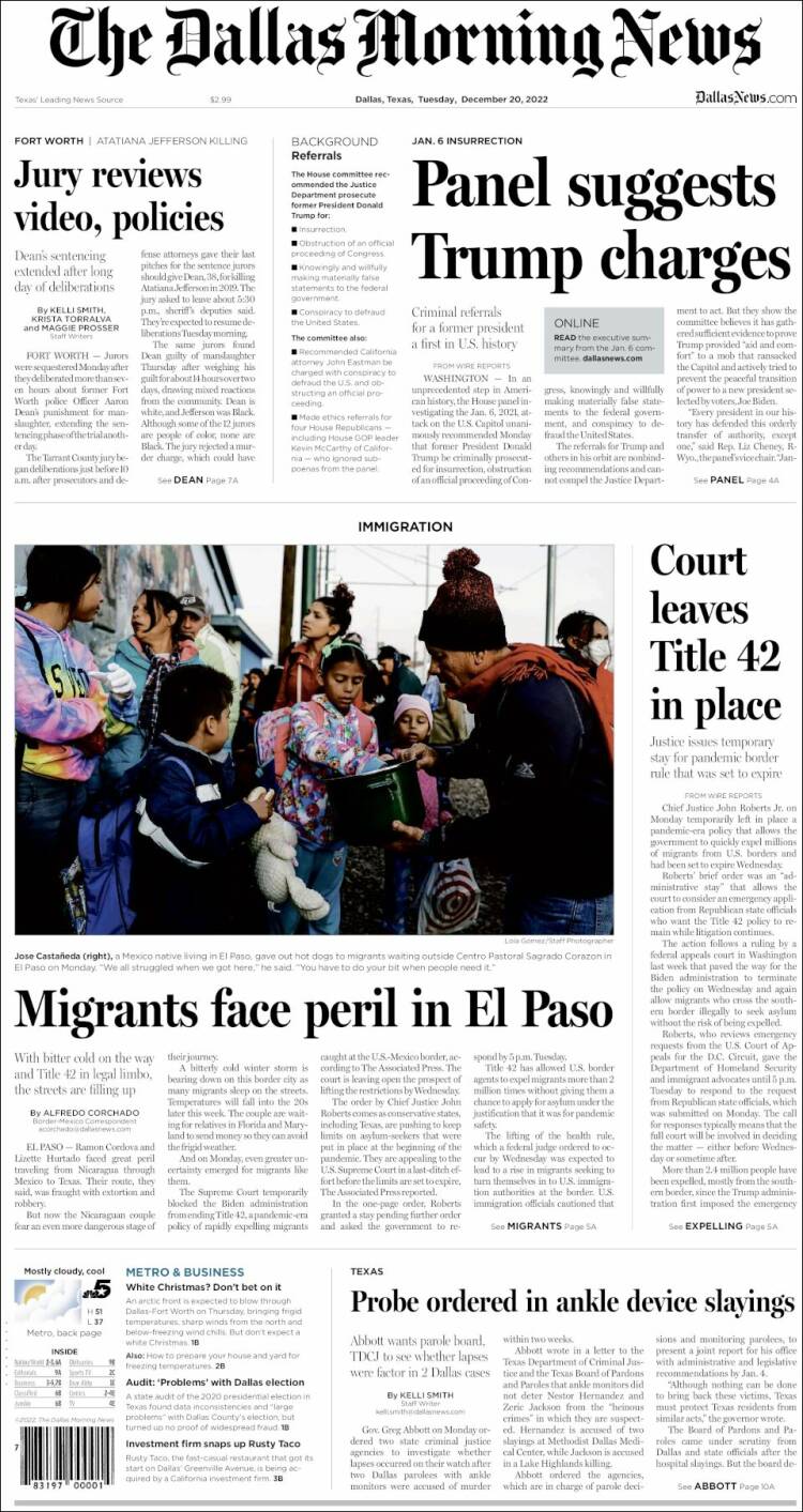 Portada de Dallas Morning News (USA)