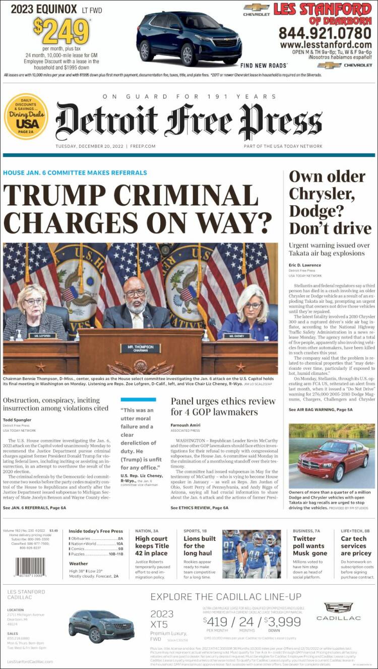 Portada de Detroit Free Press (USA)