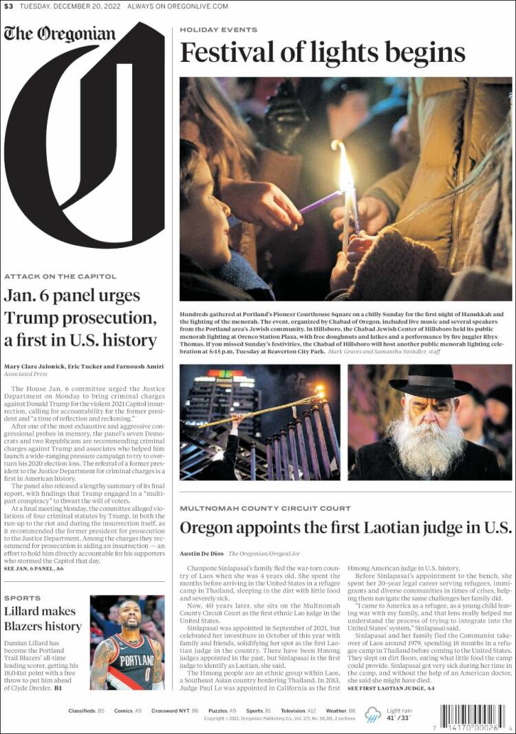 Portada de The Oregonian (USA)