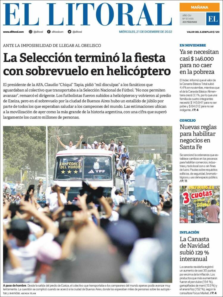 Portada de Diario El Litoral (Argentina)