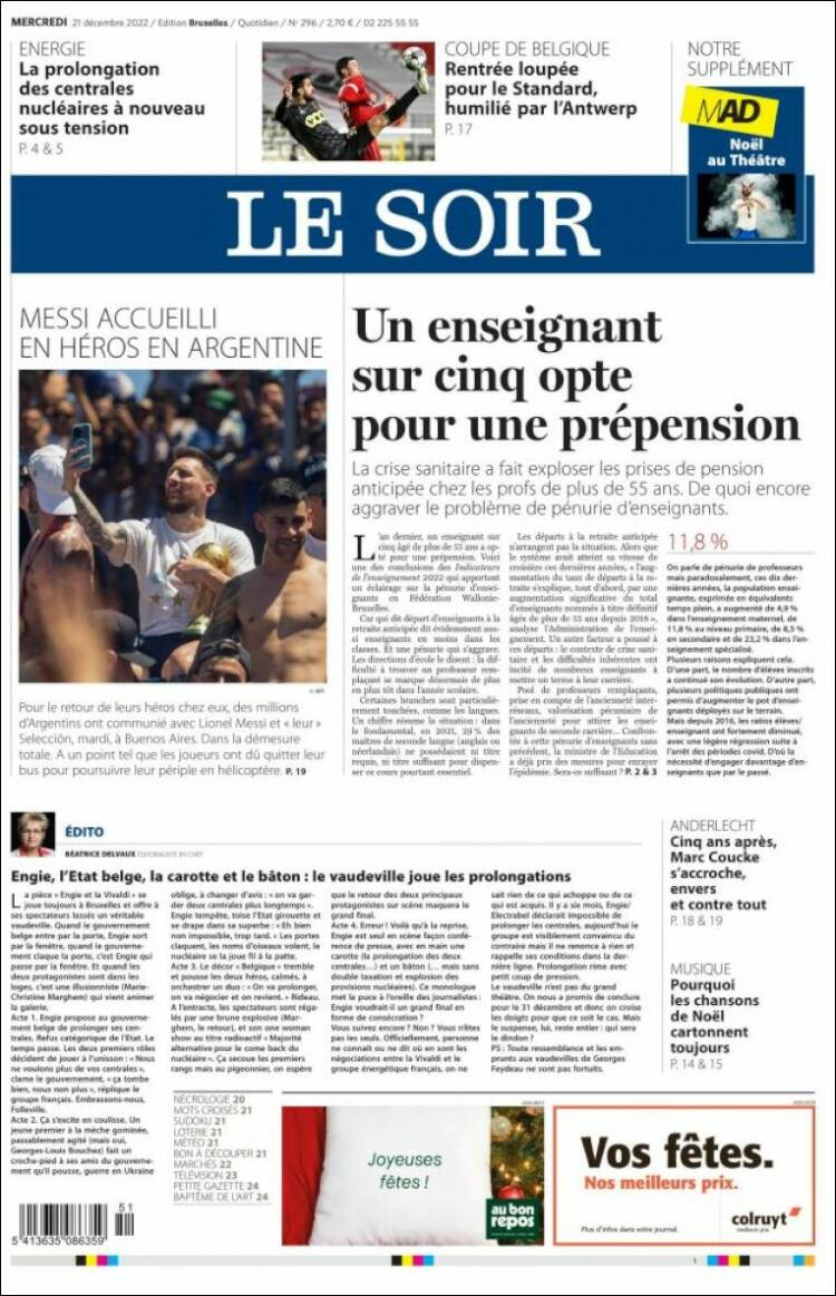 Portada de Le Soir (B&eacute;lgica)