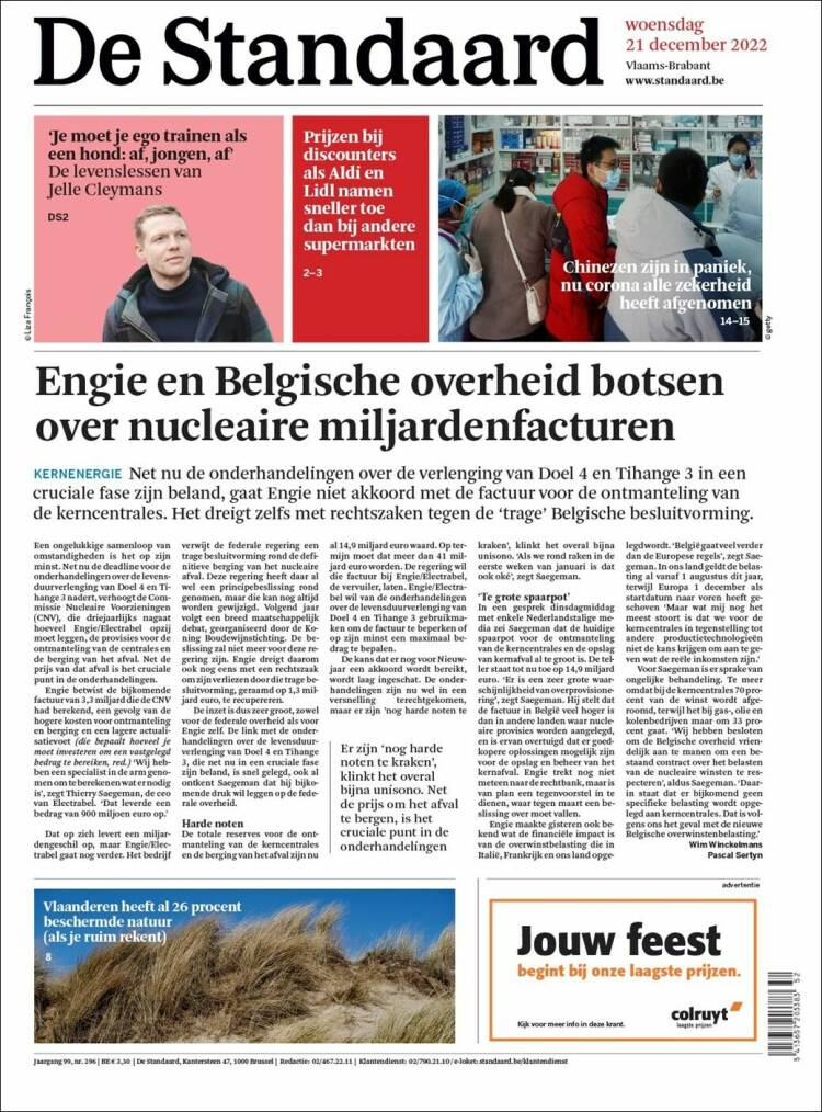 Portada de De Standaard (B&eacute;lgica)