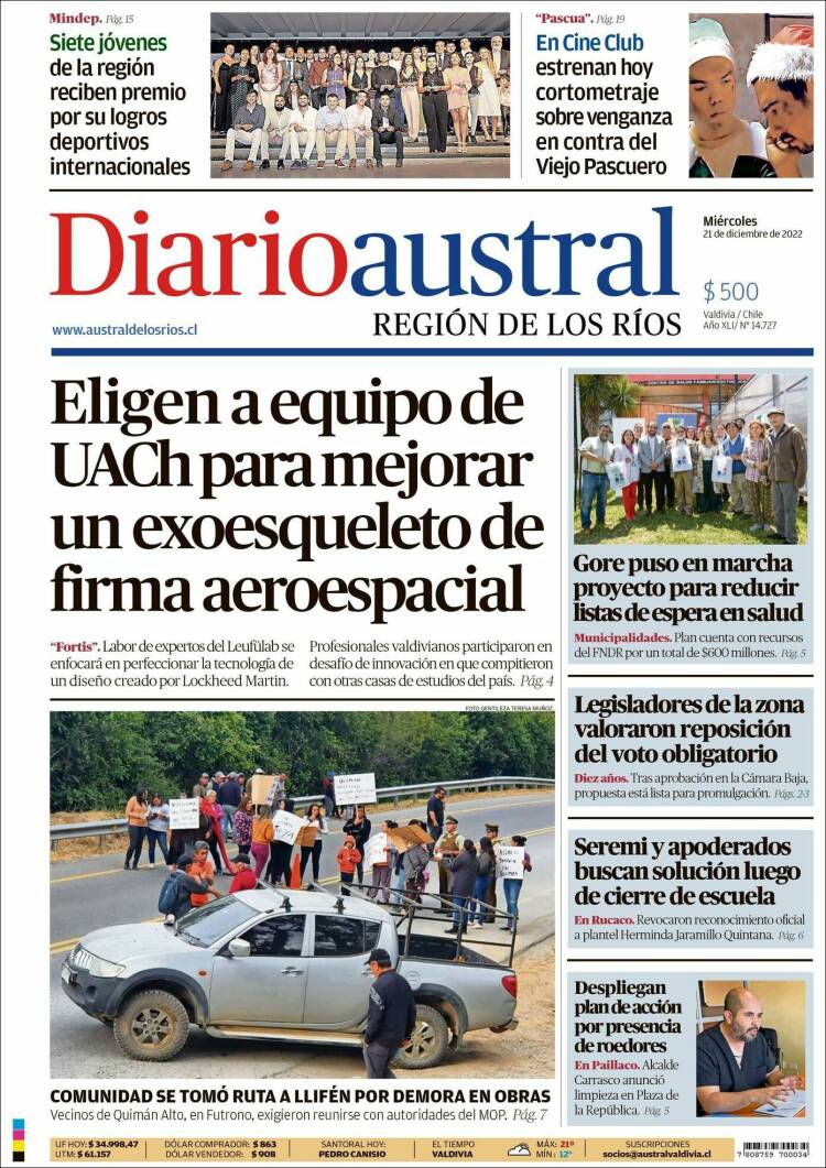 Portada de El Diario Austral de Valdivia (Chile)
