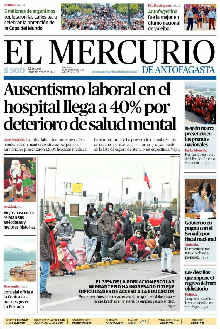Portada de El Mercurio de Antofagasta (Chile)