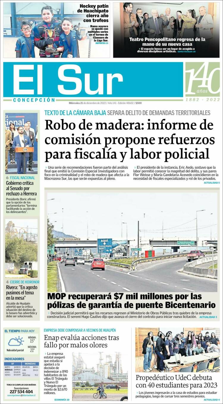 Portada de El Sur (Chile)