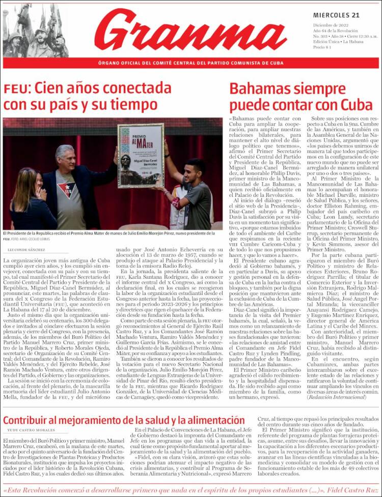 Portada de Granma (Cuba)