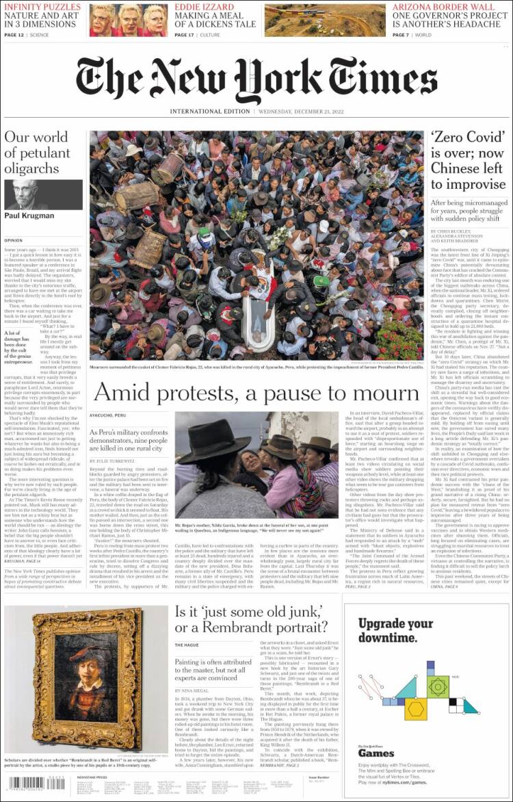 Portada de International New York Times (Europa)