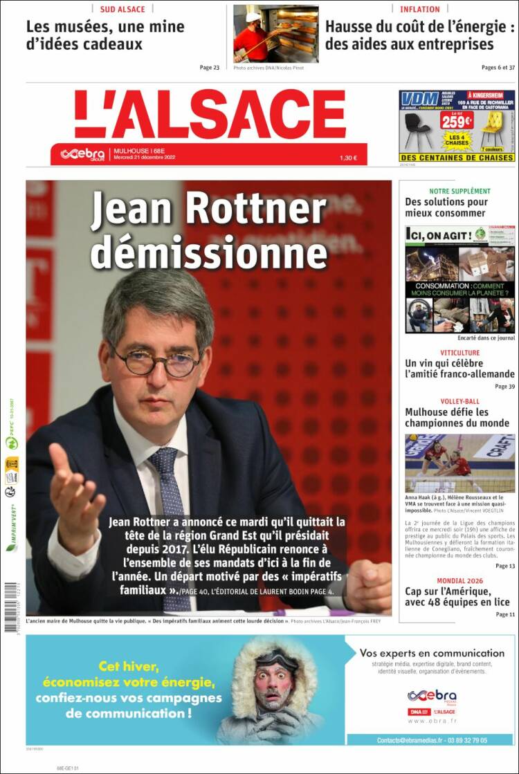 Portada de Journal L'Alsace (Francia)