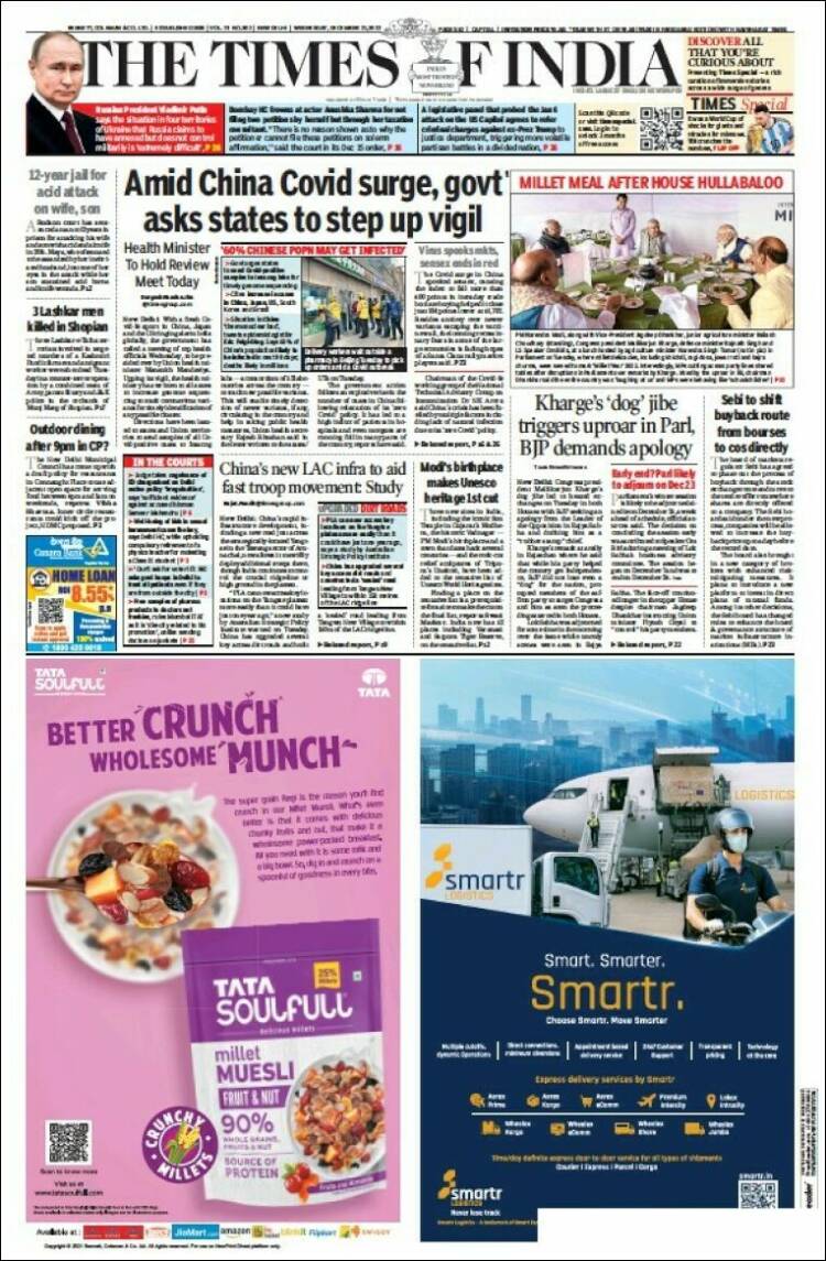 Portada de The Times of India (India)