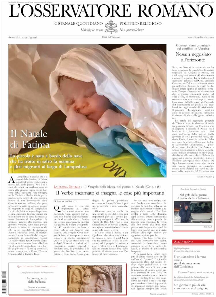 Portada de L'Osservatore Romano (Italia)