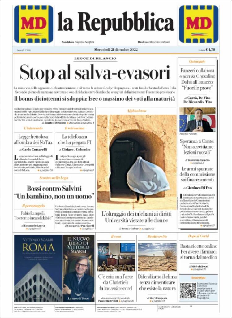 Portada de La Repubblica (Italia)