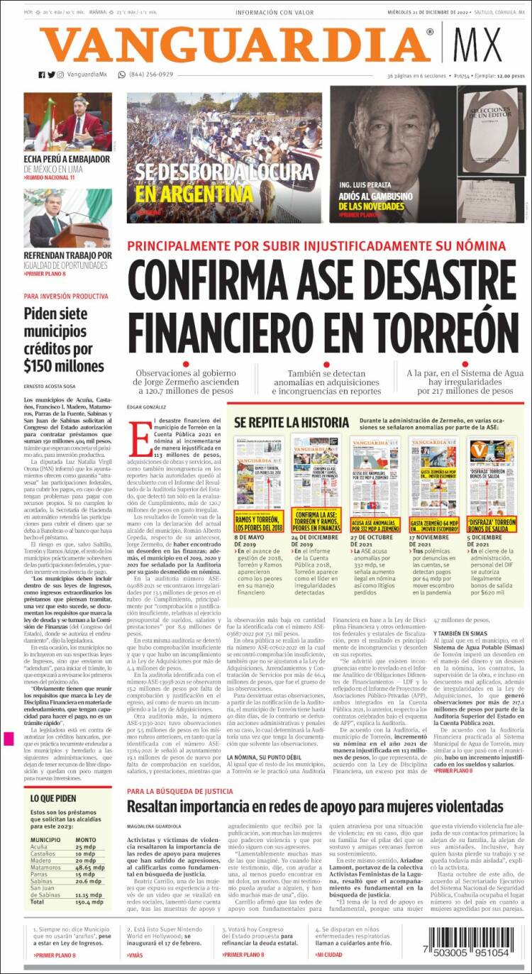 Portada de Vanguardia (M&eacute;xico)