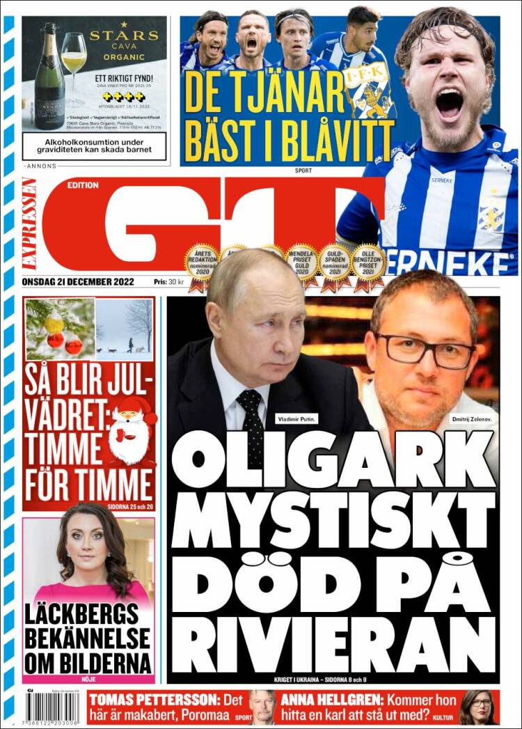 Portada de Göteborgstidningen (Suecia)