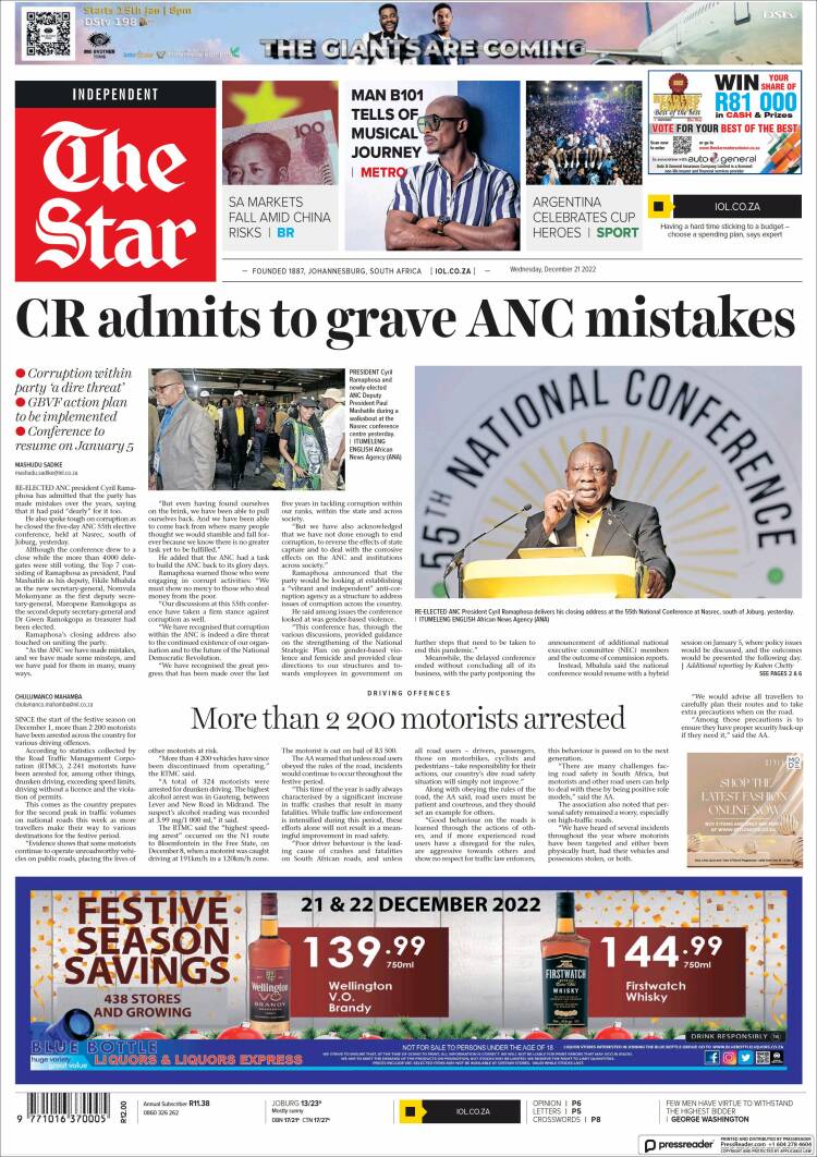 Portada de The Star (Sud&aacute;frica)