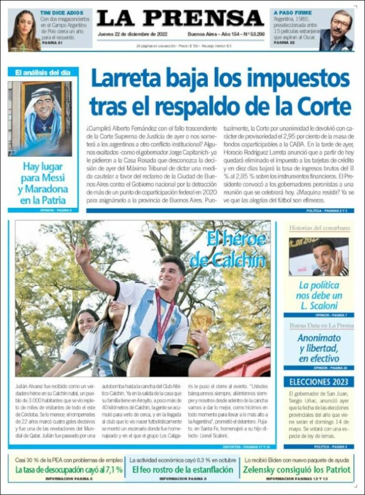 Portada de La Prensa (Argentina)