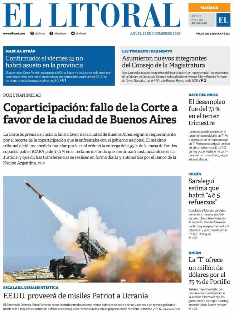 Portada de Diario El Litoral (Argentina)