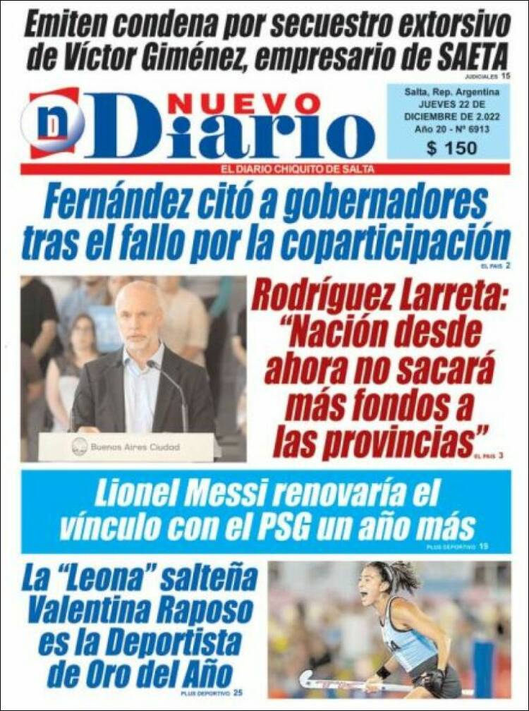 Portada de Nuevo Diario de Salta (Argentina)