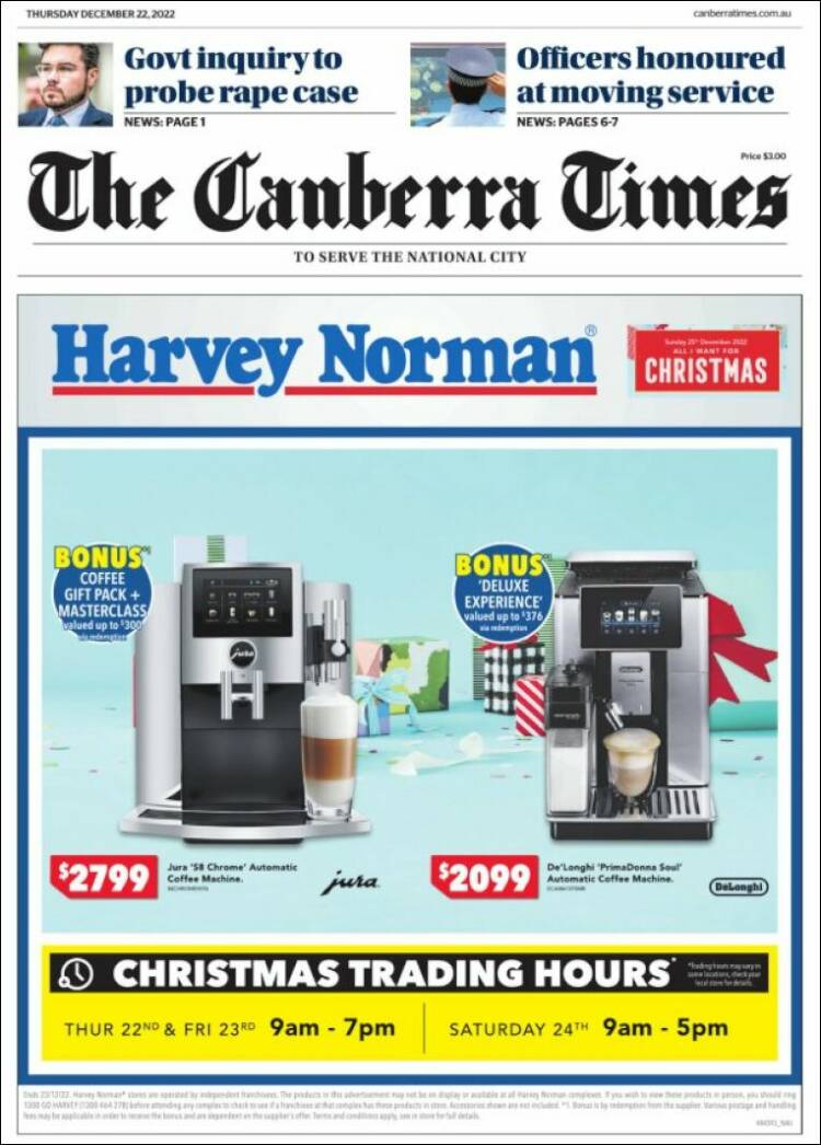 Portada de The Canberra Times (Australia)