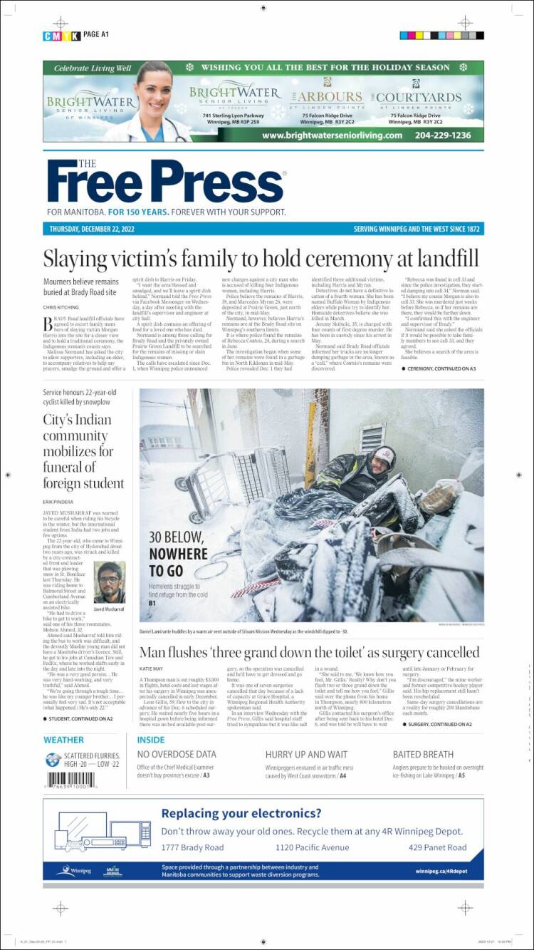 Portada de Winnipeg Free Press (Canada)