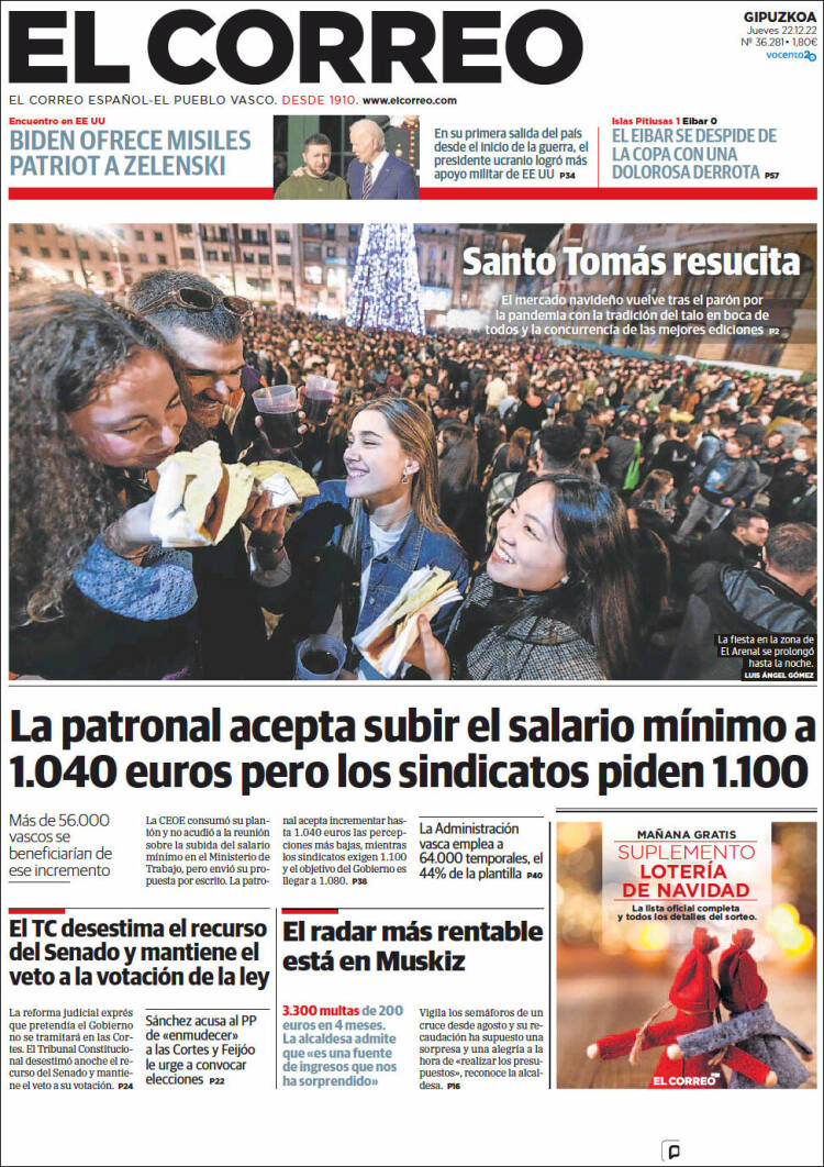 Portada de El Correo - Guipuzcoa (España)