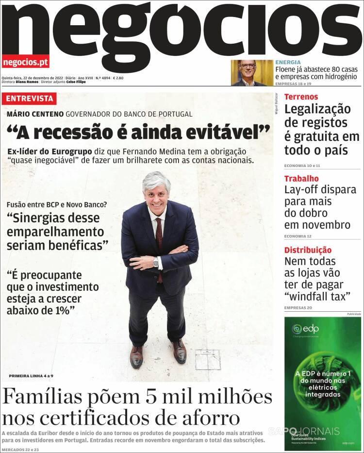 Portada de Jornal de Negócios (Portugal)