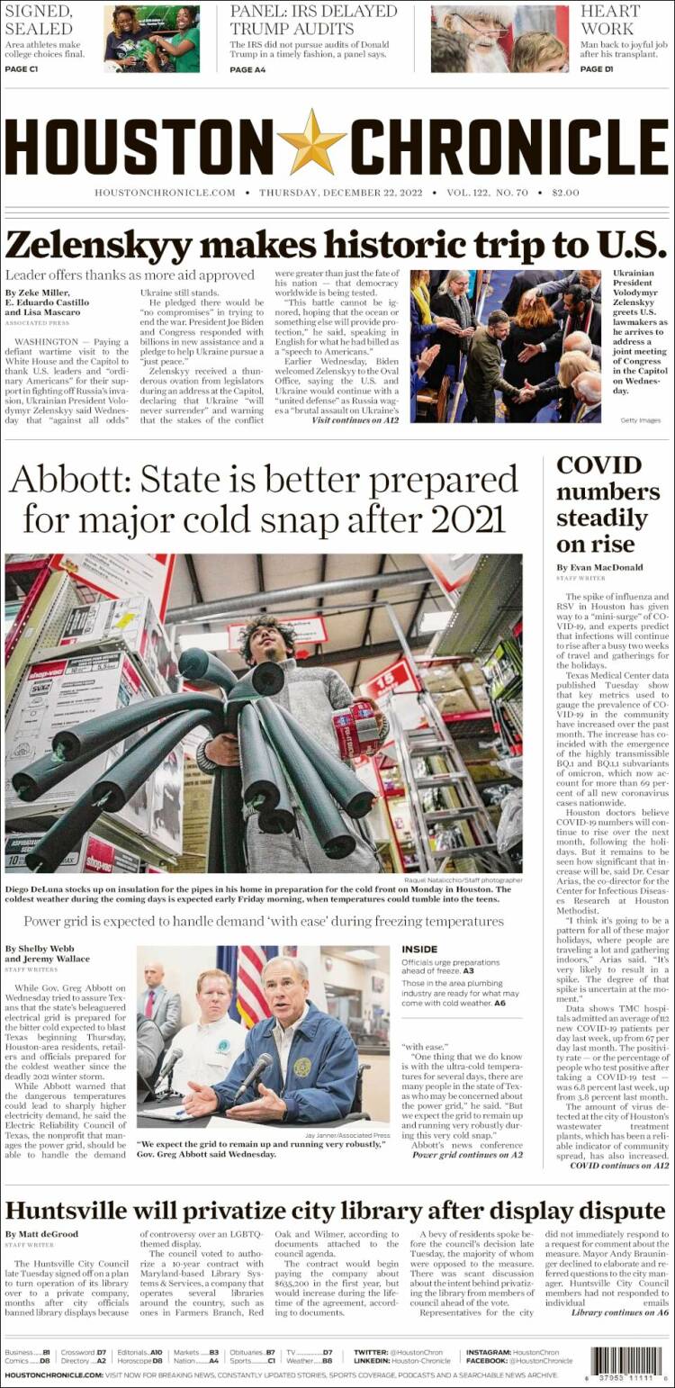 Portada de Houston Chronicle (USA)