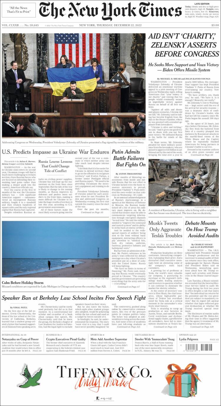 Journal New York Times États Unis Les Unes Des Journaux De États Unis Édition Du Jeudi 22