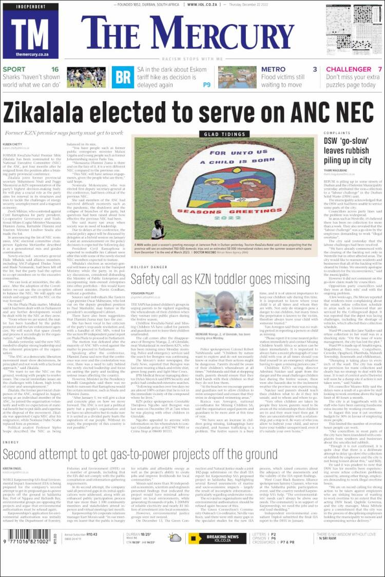 Portada de The Mercury (Sud&aacute;frica)