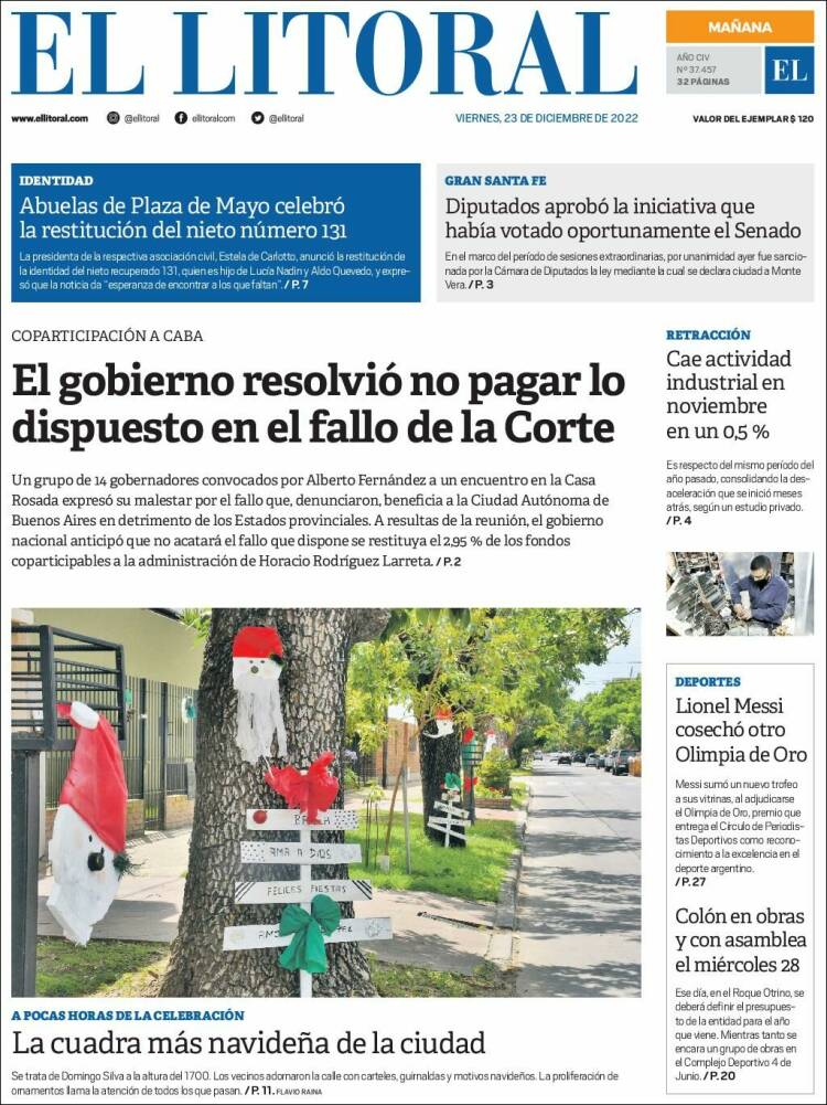 Portada de Diario El Litoral (Argentina)