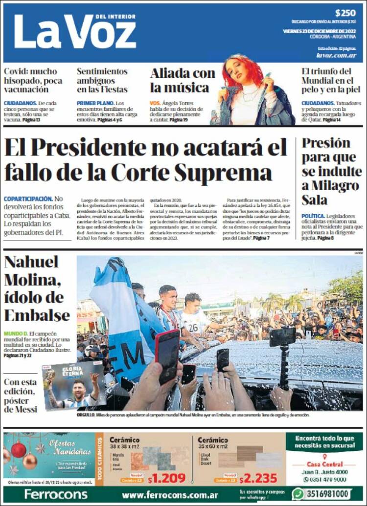 Portada de La Voz del Interior (Argentina)