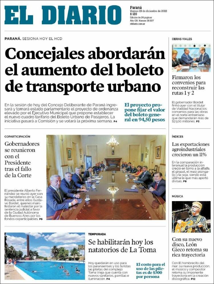Portada de El Diario de Paraná (Argentina)