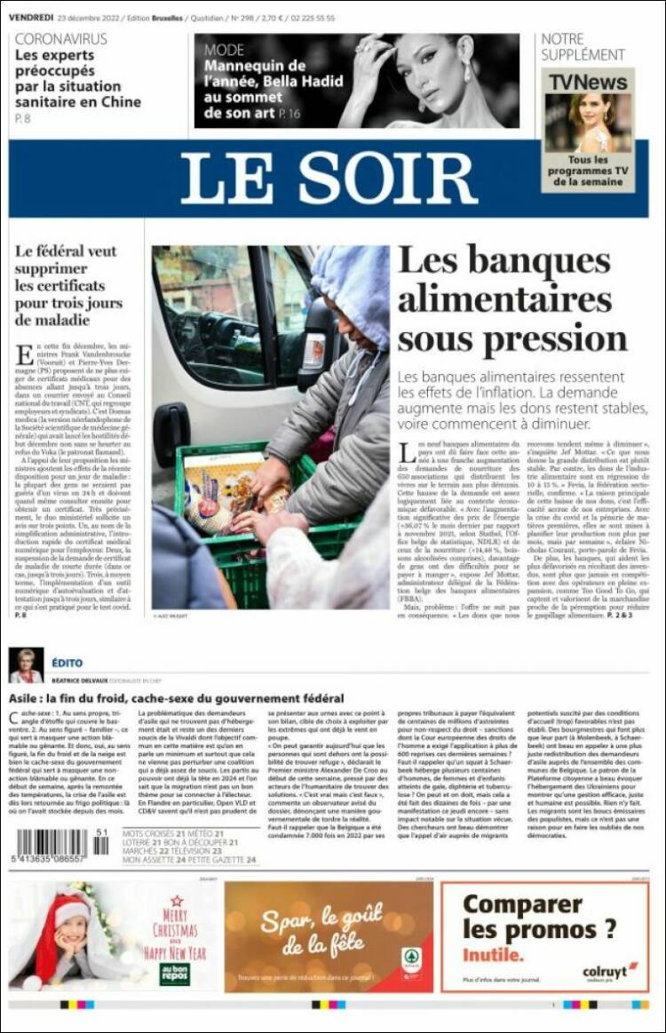 Portada de Le Soir (B&eacute;lgica)