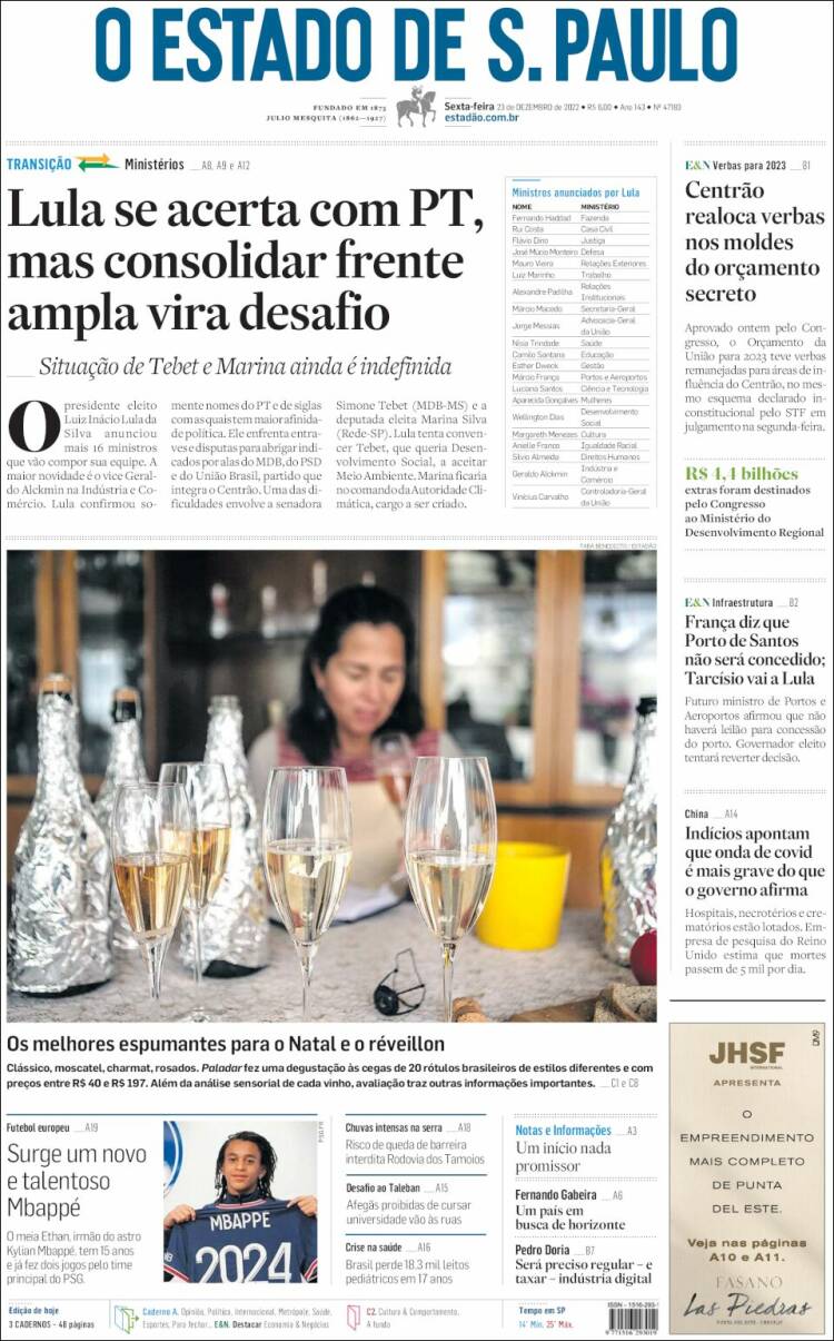 Portada de O Estado de São Paulo (Brasil)