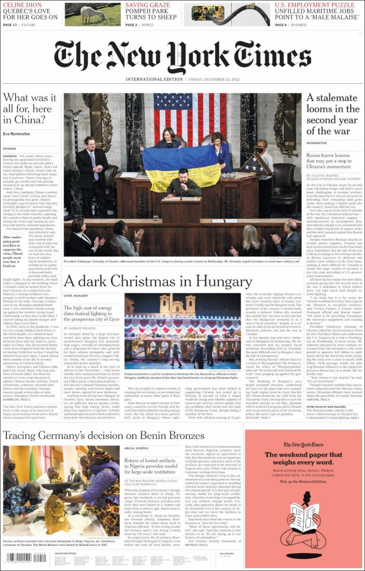 Portada de International New York Times (Europa)