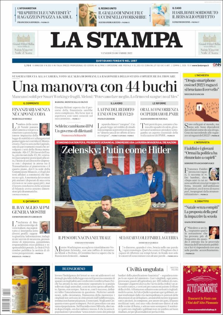 Portada de La Stampa (Italia)