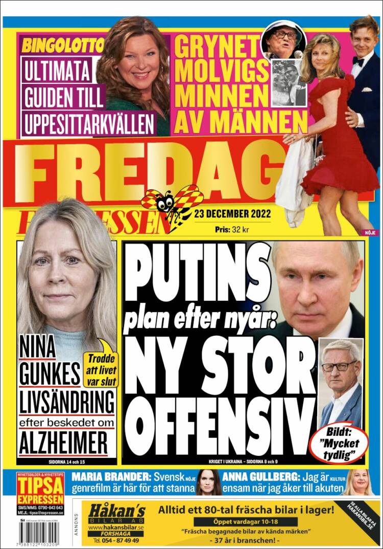 Periódico Expressen (Suecia). Periódicos de Suecia. Edición de viernes, 23  de diciembre de 2022. 