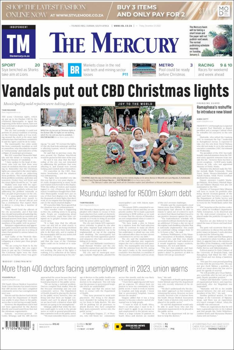 Portada de The Mercury (Sud&aacute;frica)