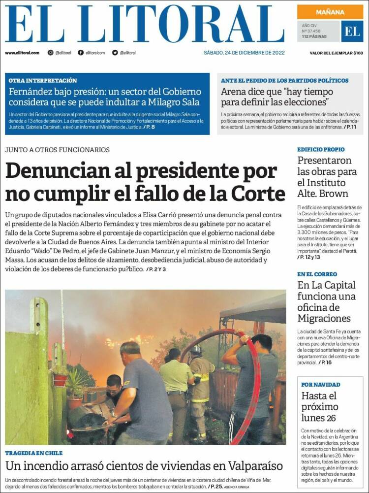 Portada de Diario El Litoral (Argentina)