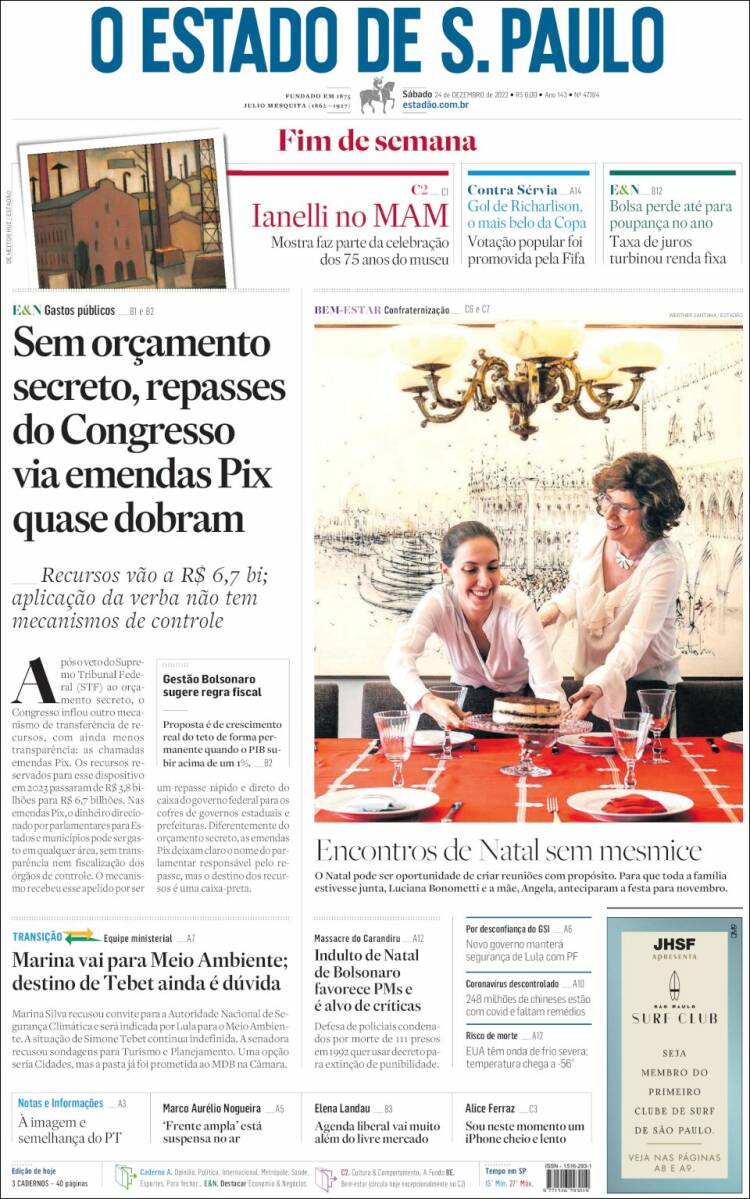 Portada de O Estado de São Paulo (Brésil)