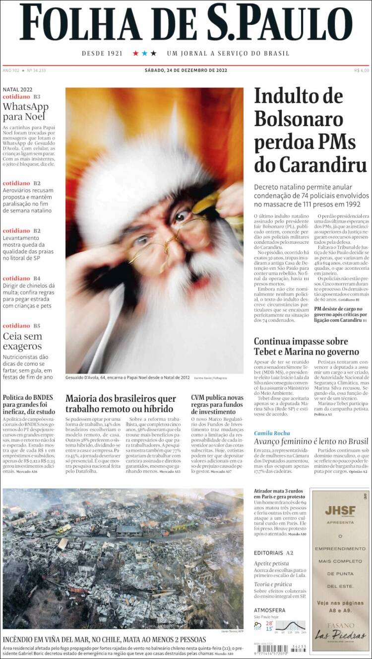 Portada de Folha de São Paulo (Brésil)