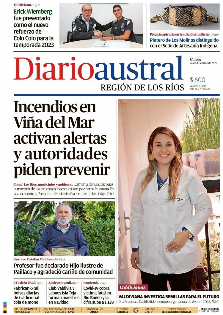 Portada de El Diario Austral de Valdivia (Chile)