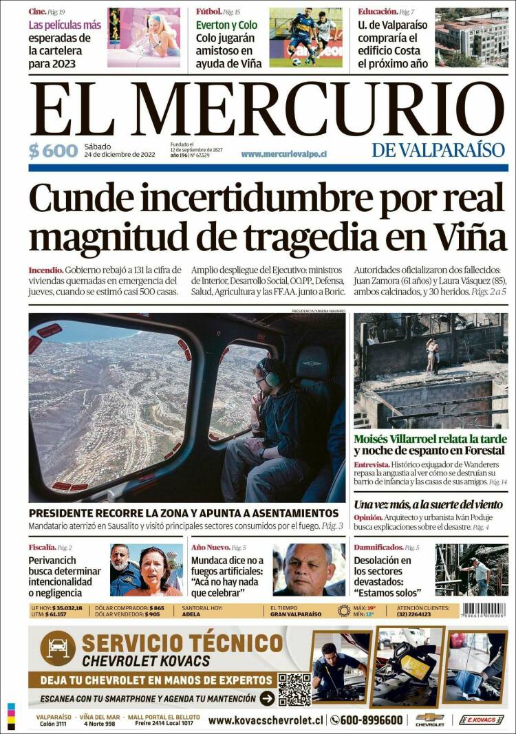 Portada de Mercurio de Valparaiso (Chile)