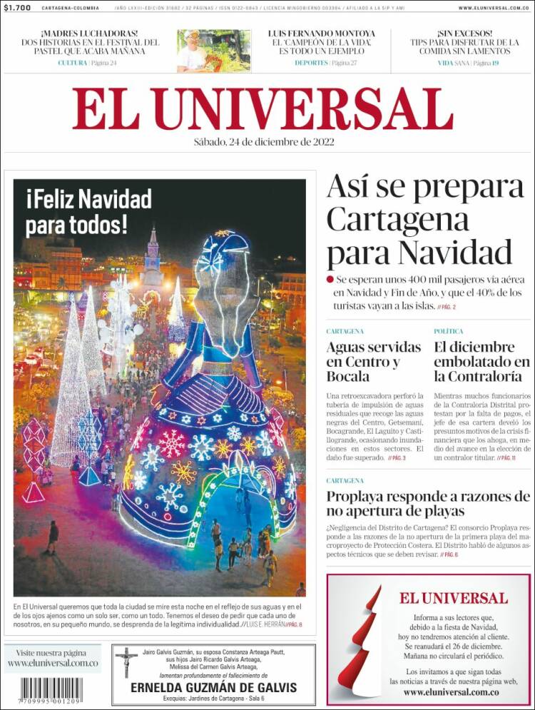 Portada de El Universal (Colombia)
