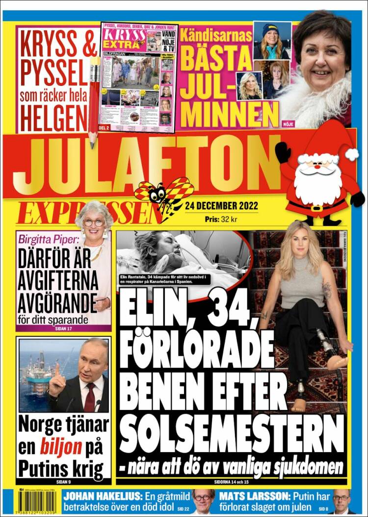 Periódico Expressen (Suecia). Periódicos de Suecia. Edición de sábado, 24  de diciembre de 2022. 