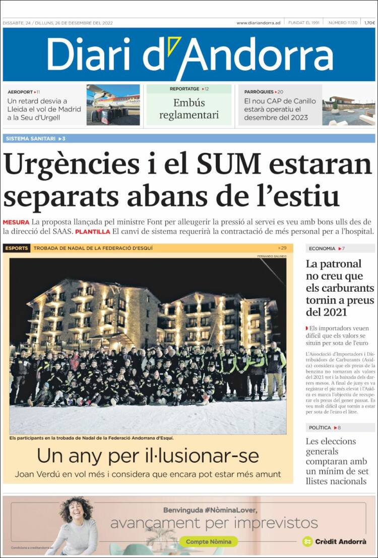 Portada de Diari d’Andorra (Andorra)